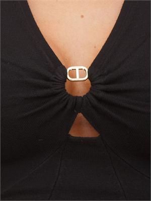 TWIN-SET Abito longuette in maglia nero con scollo con logo Oval T in DONNA