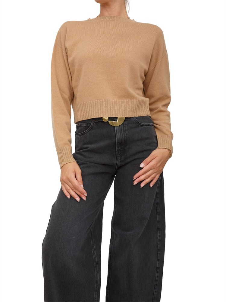 TWIN-SET Maglia cropped Twinset in misto mohair cammello con inserti lurex in fondo