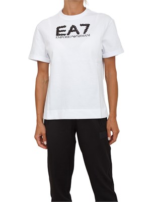 T-shirt EA7 Emporio Armani in cotone bianco con maxi logo paillettes a contrasto in DONNA