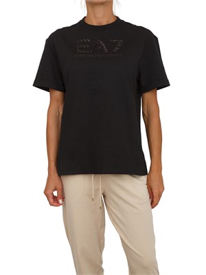T-shirt EA7 Emporio Armani in cotone nero con maxi logo paillettes tono su tono in DONNA