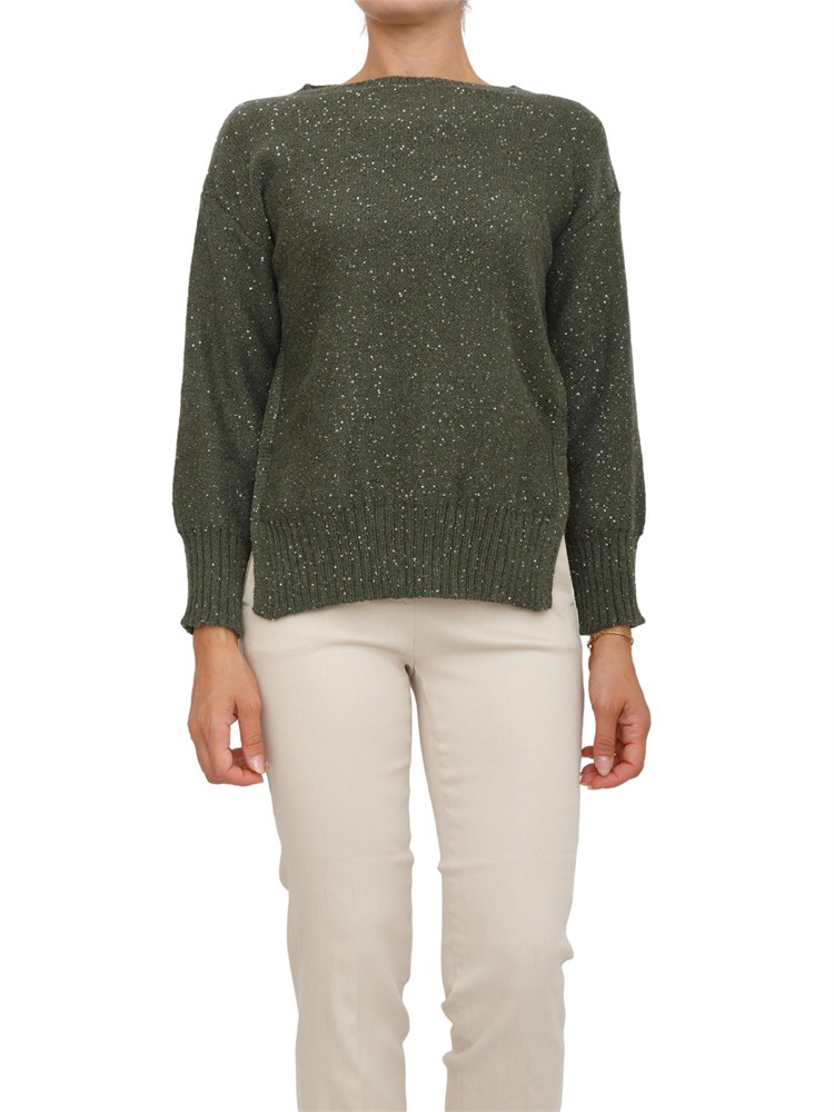 Maglia Marella in misto cashmere verde con paillettes e spacco con bottone