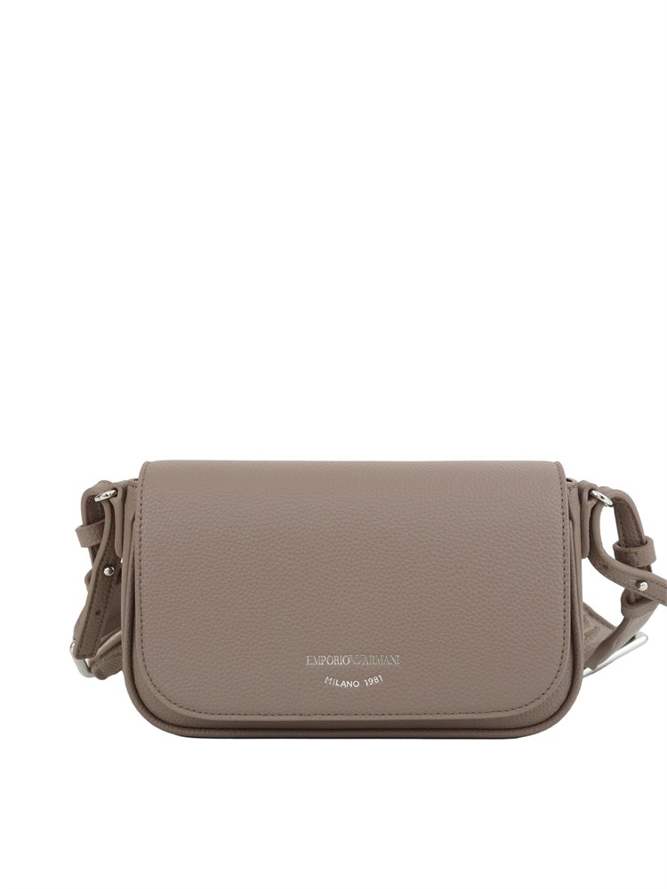 Mini bag Emporio Armani in ecopelle taupe con tracolla in tessuto con logo