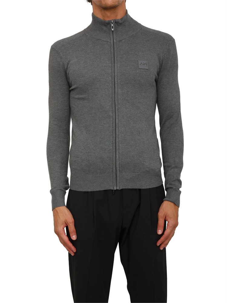 Maglia Antony Morato slim fit in misto viscosa grigia con patch logata e zip