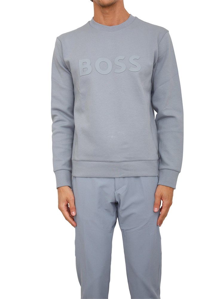 Felpa Boss uomo in cotone grigio celeste