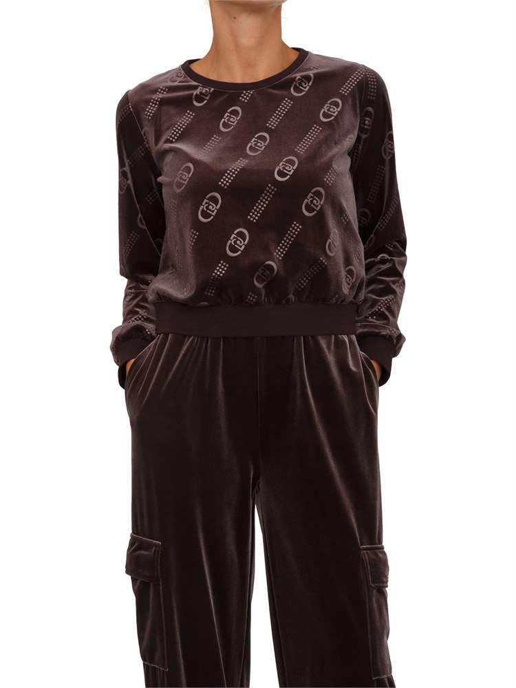 Felpa girocollo Liu Jo donna in ciniglia marrone logo all over