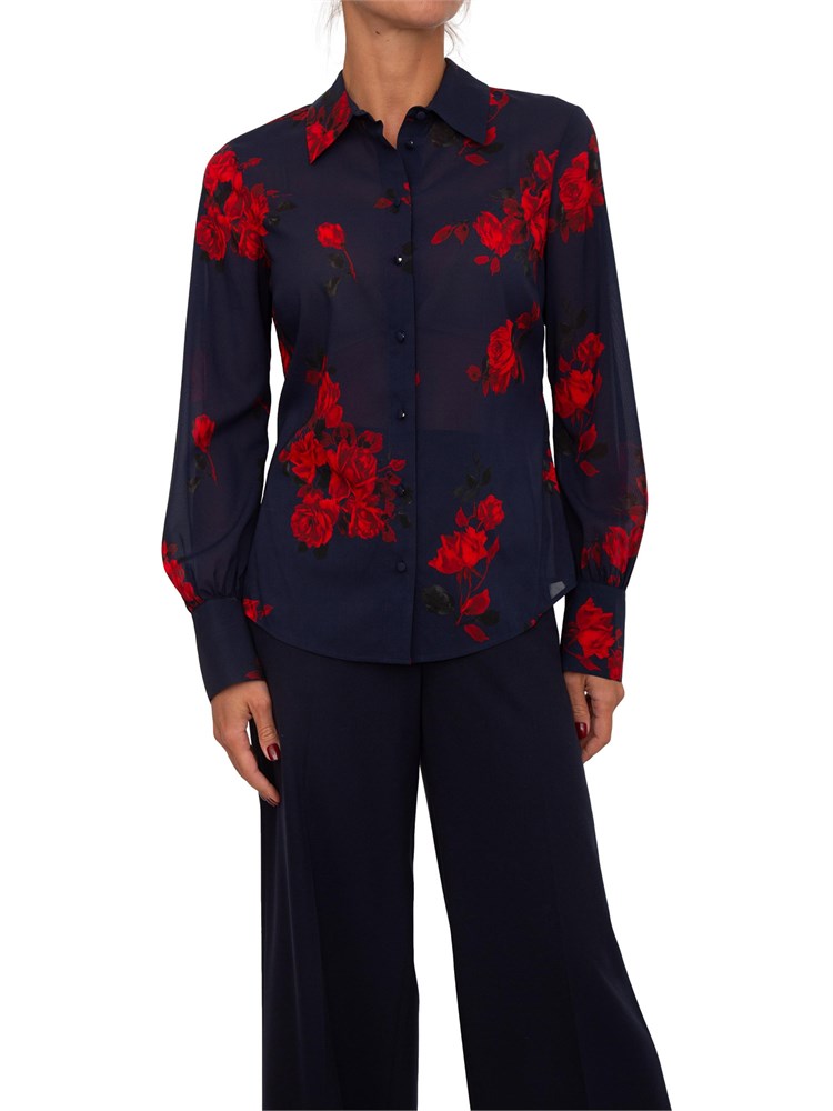 Camicia Blugirl in voile di seta blu con stampa floreale