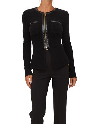 Cardigan Elisabetta Franchi in bouclÉ nero con inserti in vinile e zip in DONNA