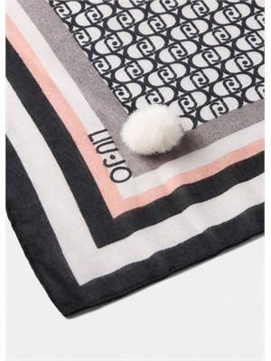 Foulard Liu Jo nero con stampa logo patchwork e pompon in DONNA