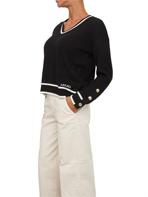 LIU JO Maglia scollo V in misto seta nero con bottoni oro in DONNA
