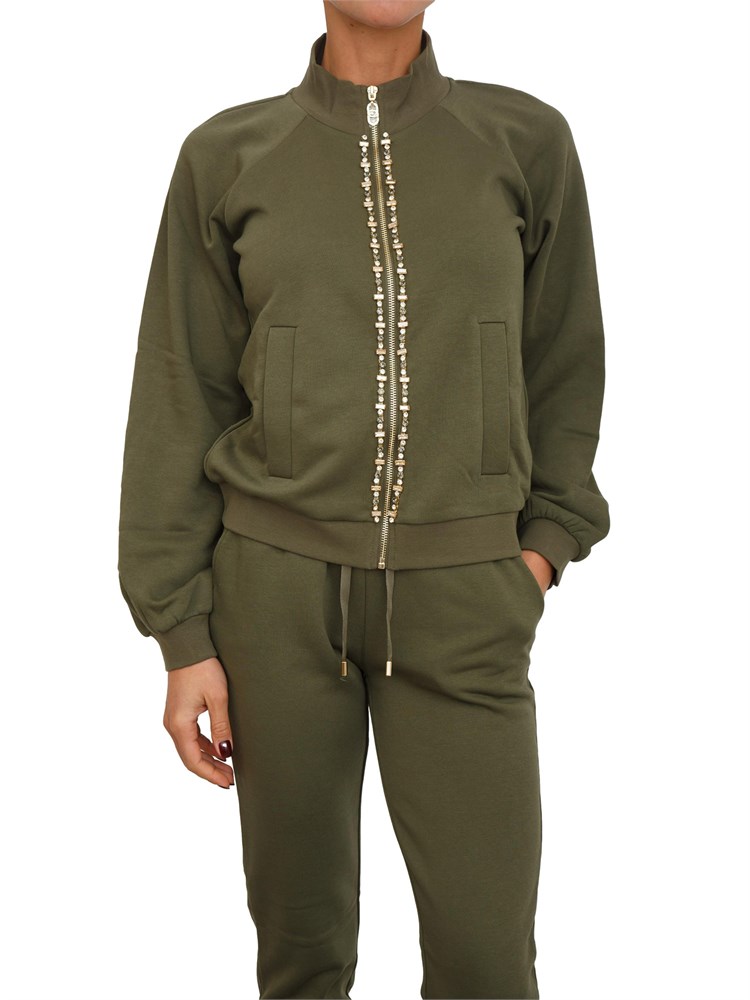 Felpa full zip Liu Jo donna in misto cotone verde con strass