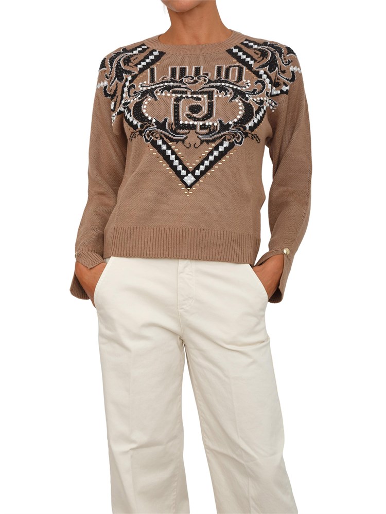 Maglia Liu Jo donna in lana beige con logo jacquard strass e borchie