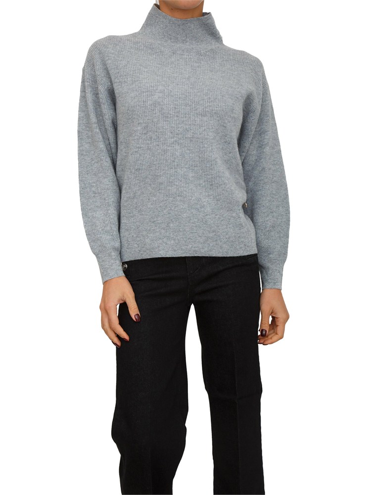 Maglia grigia Liu Jo donna in lana e cashmere con collo alto e perle