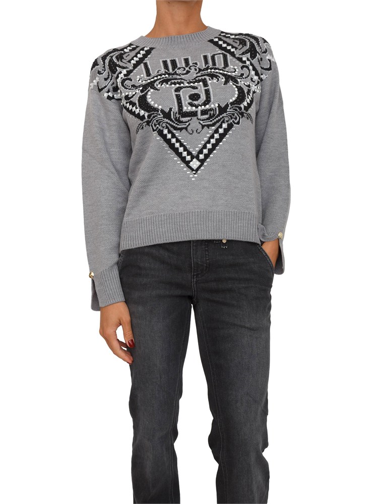Maglia Liu Jo donna in lana grigia con logo jacquard strass e borchie