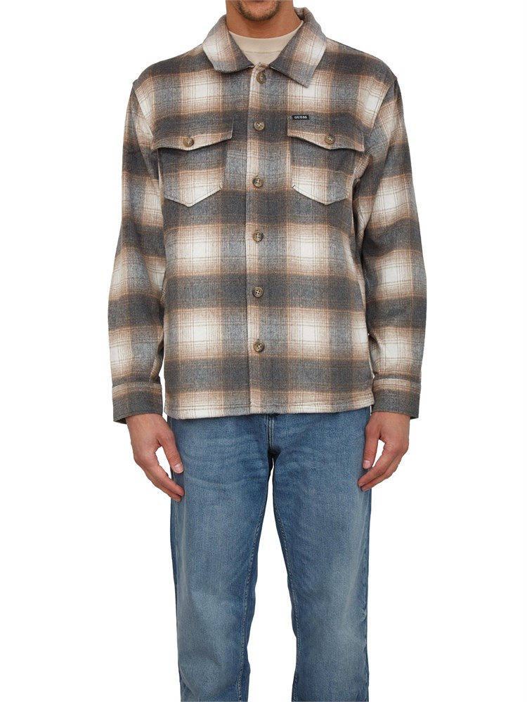 Camicia giacca Guess Jeans in flanella di cotone tartan grigio e beige