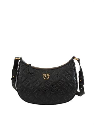 Borsa Mini Love Bag Half Moon Pinko in pelle nera con logo all over in DONNA