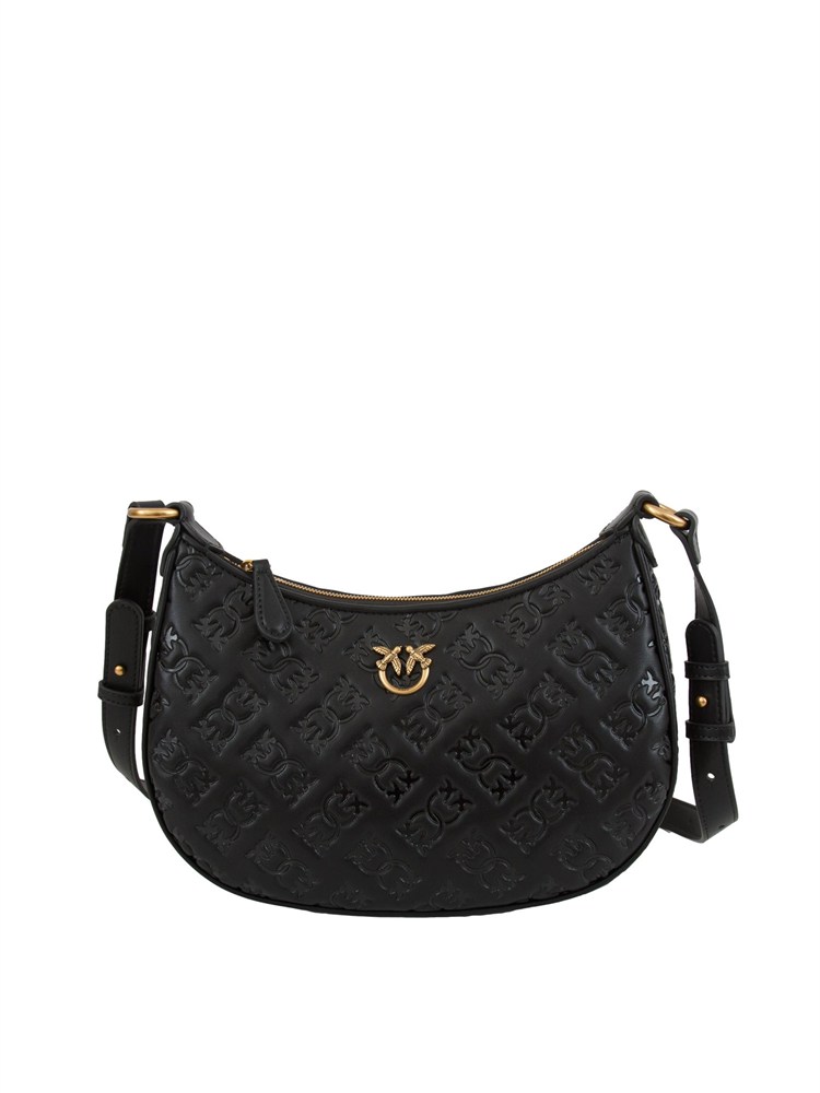 Borsa Mini Love Bag Half Moon Pinko in pelle nera con logo all over