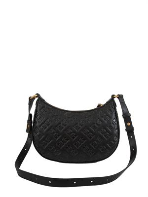 Borsa Mini Love Bag Half Moon Pinko in pelle nera con logo all over in DONNA
