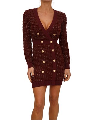 Abito Elisabetta Franchi in maglia bouclÉ bordeaux con paillettes in DONNA