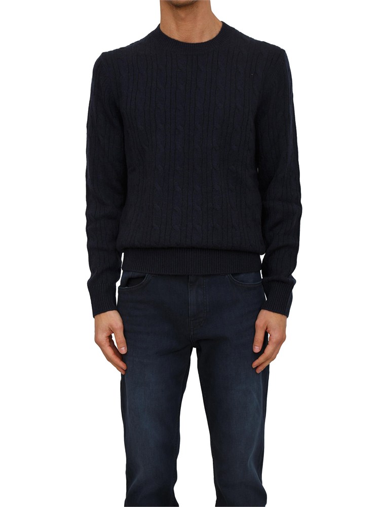 Maglia Boss uomo a trecce in cashmere e lana blu