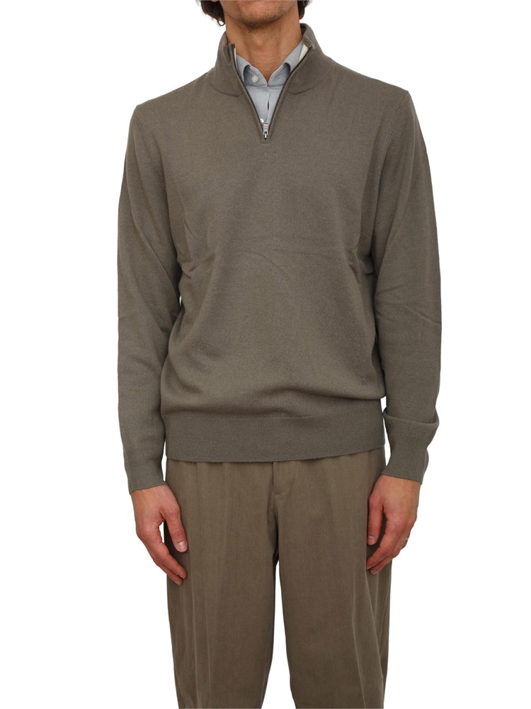 Maglia collo mezza zip Boss uomo in cashmere e lana verde
