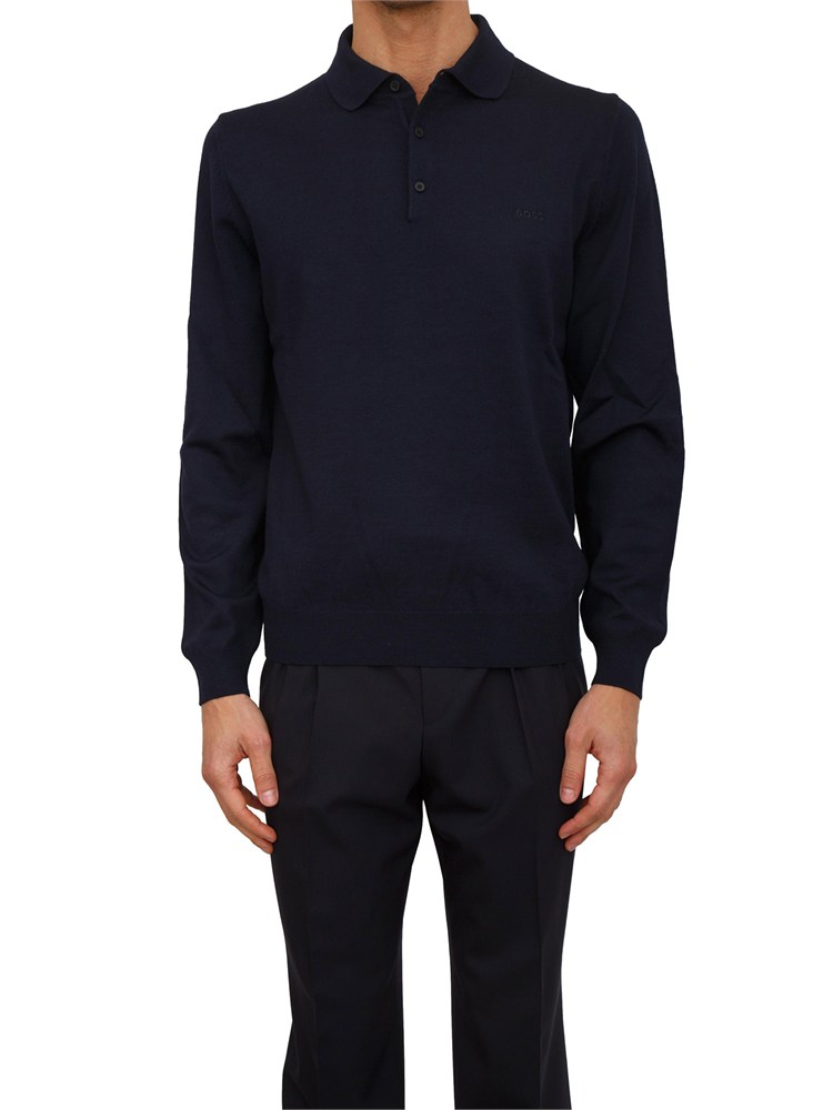 Polo maglia Boss uomo in lana vergine blu