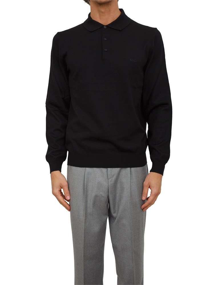 Polo maglia Boss uomo in lana vergine nera