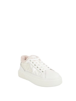 Sneakers Pinko Yoko 21 in pelle, tessuto bianco e pelliccia in DONNA