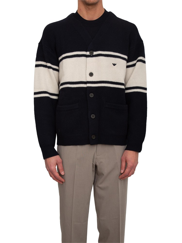 Cardigan scollo a V Emporio Armani in pura lana vergine blu