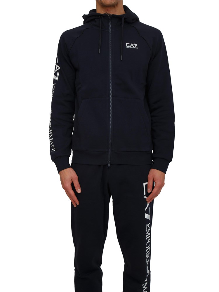 Felpa uomo EA7 Emporio Armani in cotone blu e logo su manica