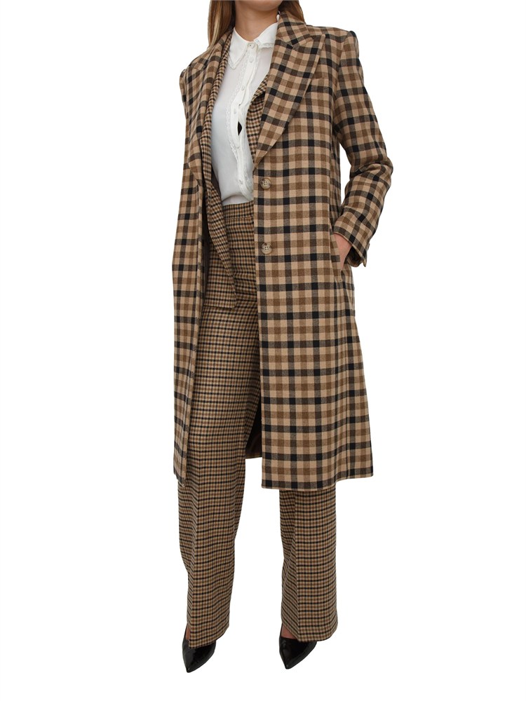 TWIN-SET Cappotto Twinset in saia di misto lana a fantasia check cammello