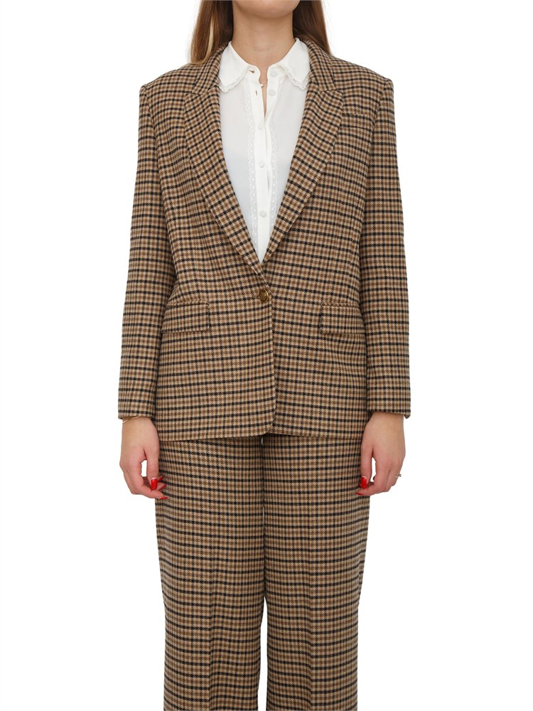 TWIN-SET Giacca blazer Twinset in saia di misto lana fantasia check cammello