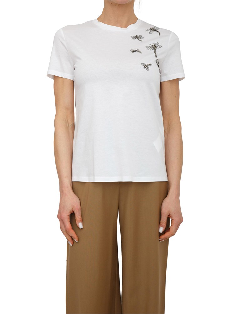 T-shirt Pontile Max Mara in cotone bianco con ricami e cristalli