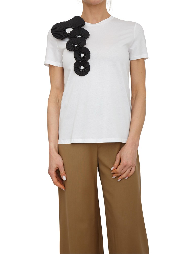 T-shirt Pontile Max Mara in cotone bianco con applicazione fiori neri