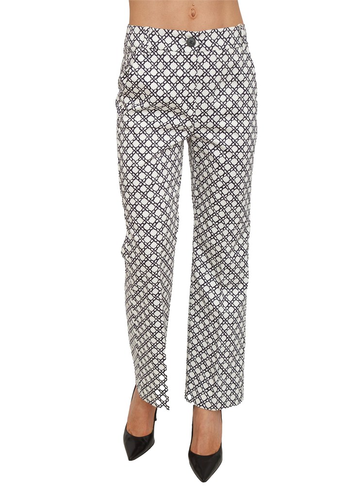 Pantaloni Emmclassi Emme Marella in raso di cotone stretch bianco fantasia