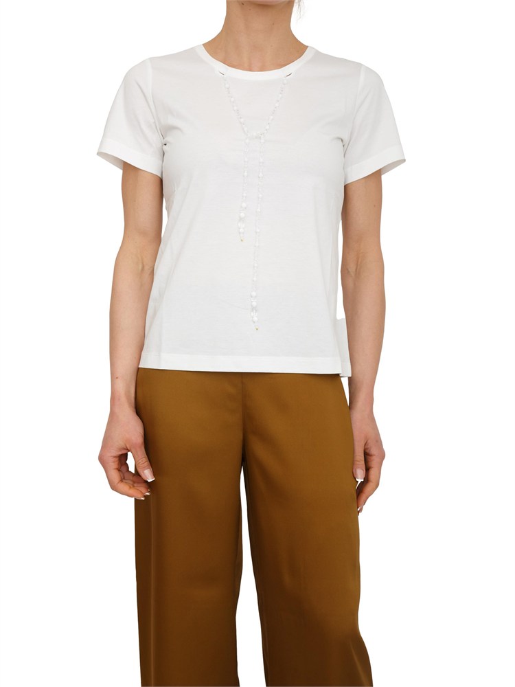 T-shirt Fersi Nenette in cotone avorio con catena a castoni