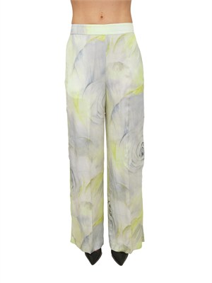 Pantaloni Blugirl in raso di viscosa lime e stampa rose in tono in DONNA