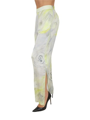 Pantaloni Blugirl in raso di viscosa lime e stampa rose in tono in DONNA