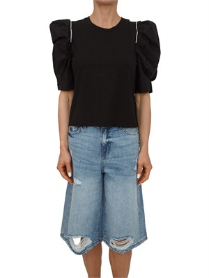 T-shirt nera Fracomina in cotone con strass e maniche a sbuffo in DONNA