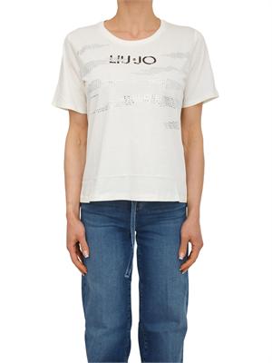 T-shirt Liu Jo donna in cotone bianco con logo e strass in DONNA