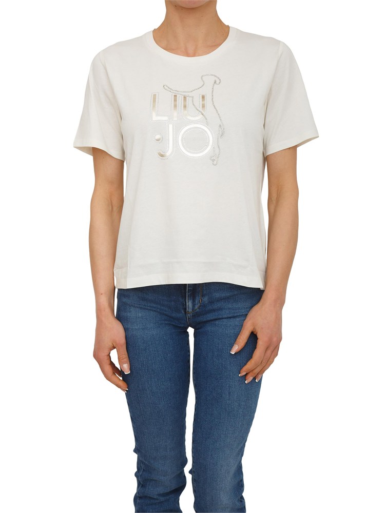 T-shirt Liu Jo donna in cotone bianco panna con logo e strass