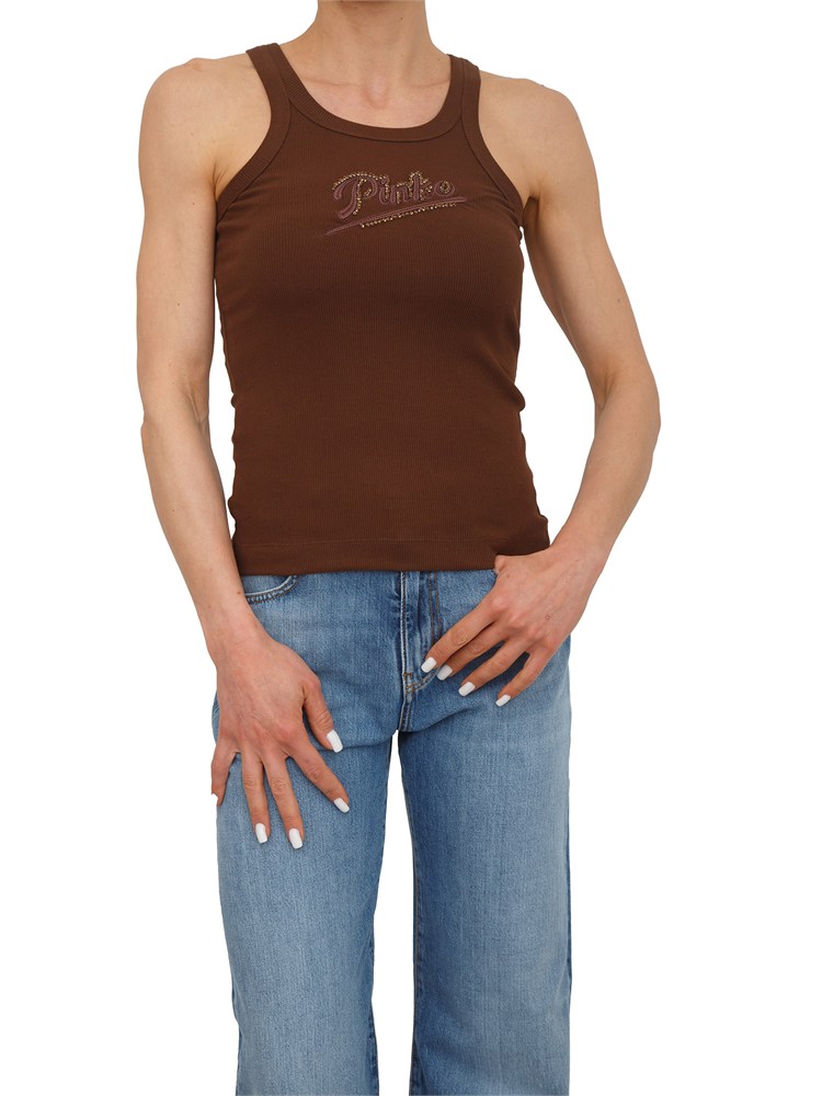 Canotta Caipiroska Pinko in cotone marrone logo strass