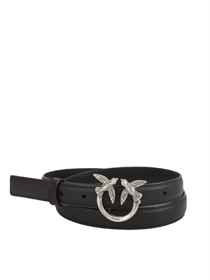 Cintura Pinko in pelle nera e fibbia logo argento in DONNA
