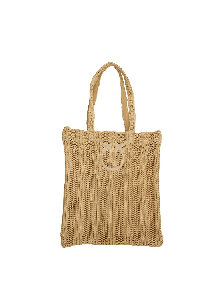 Borsa Pinko in rafia traforata beige con ricamo logo