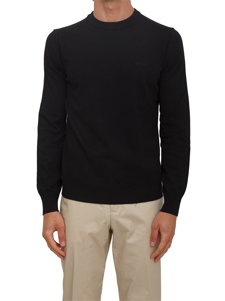 Maglia nera Boss uomo in cotone ricamo logo