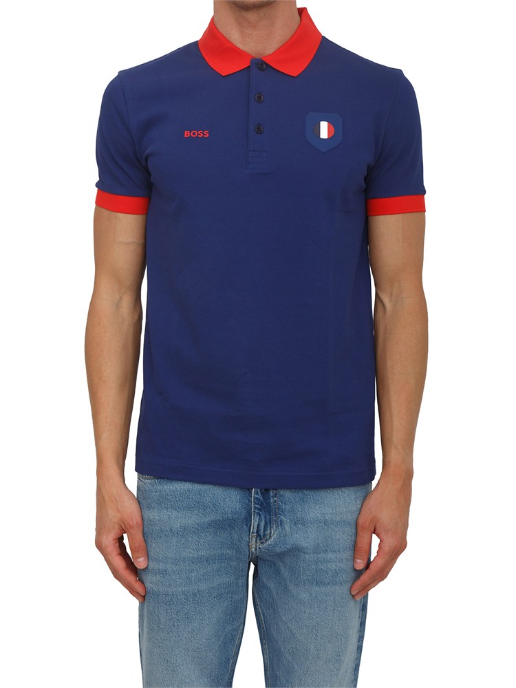 Polo BOSS uomo in cotone blu patch bandiera