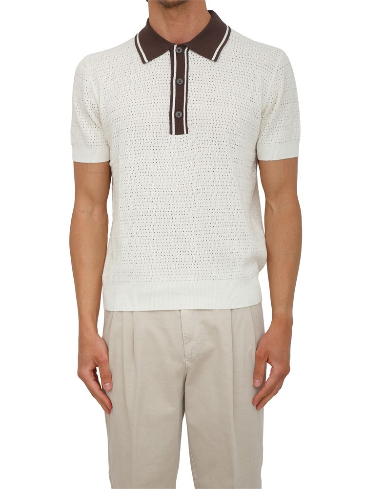 Maglia polo Paolo Pecora in seta bianca lavorazione crochet