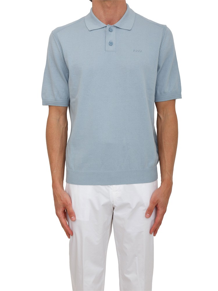 Maglia azzurra Boss uomo in cotone ricamo logo