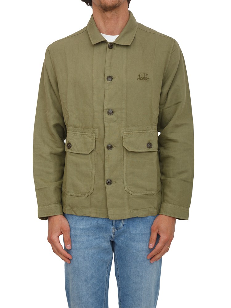 C.P. COMPANY Giacca camicia Champion uomo in misto cotone lino verde