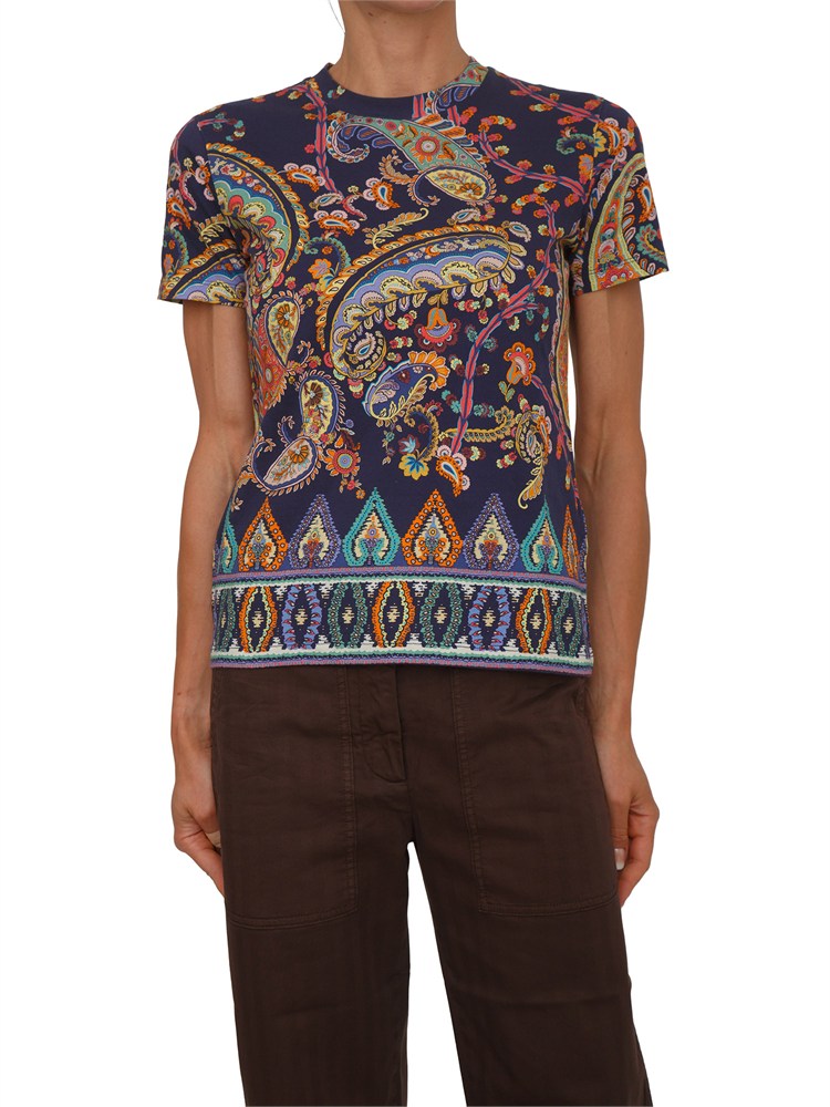 T-shirt Etro donna in puro cotone blu stampa Paisley