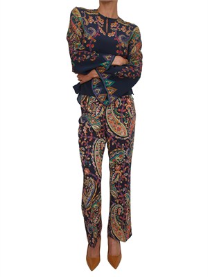 Pantaloni Etro in tessuto twill blu stampa Paisley in DONNA